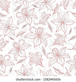 Seamless pattern with lily flower on a  textured background. Handmade. Vector. Print for bed linens, fabric, textiles, wallpaper, greeting cards, wrapping paper,gift box
