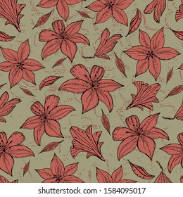 Seamless pattern with lily flower on a  textured background. Handmade. Vector. Print for bed linens, fabric, textiles, wallpaper, greeting cards, wrapping paper,gift box
