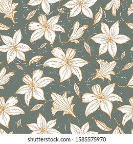 Seamless pattern with lily flower on a  textured background. Handmade. Vector. Print for bed linens, fabric, textiles, wallpaper, greeting cards, wrapping paper,gift box
