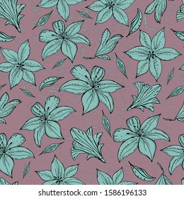 Seamless pattern with lily flower on a  textured background. Handmade. Vector. Print for bed linens, fabric, textiles, wallpaper, greeting cards, wrapping paper,gift box
