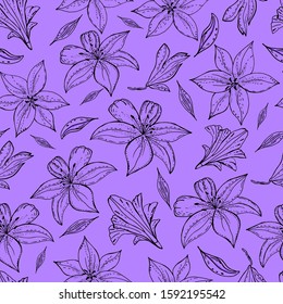 Seamless pattern with lily flower on a textured background. Handmade. Vector. Print for bed linens, fabric, textiles, wallpaper, greeting cards, wrapping paper,gift box
