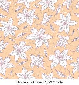 Seamless pattern with lily flower on a  textured background. Handmade. Vector. Print for bed linens, fabric, textiles, wallpaper, greeting cards, wrapping paper,gift box
