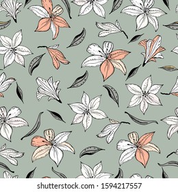 Seamless pattern with lily flower on a  background. Handmade. Vector. Print for bed linens, fabric, textiles, wallpaper, greeting cards, wrapping paper,gift box
