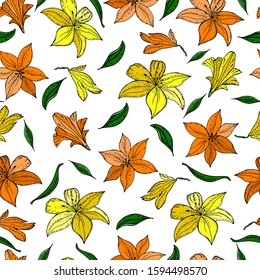 Seamless pattern with lily flower on a  background. Handmade. Vector. Print for bed linens, fabric, textiles, wallpaper, greeting cards, wrapping paper,gift box
