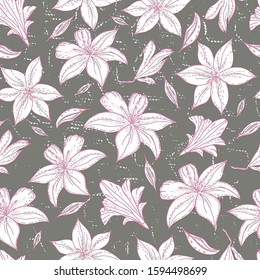 Seamless pattern with lily flower on a  textured background. Handmade. Vector. Print for bed linens, fabric, textiles, wallpaper, greeting cards, wrapping paper,gift box
