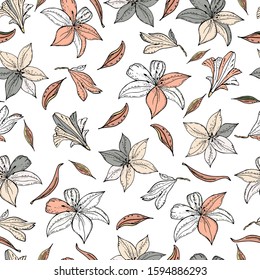 Seamless pattern with lily flower on a  background. Handmade. Vector. Print for bed linens, fabric, textiles, wallpaper, greeting cards, wrapping paper,gift box

