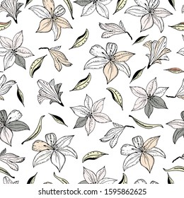 Seamless pattern with lily flower on a  background. Handmade. Vector. Print for bed linens, fabric, textiles, wallpaper, greeting cards, wrapping paper,gift box

