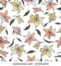 Seamless pattern with lily flower on a  background. Handmade. Vector. Print for bed linens, fabric, textiles, wallpaper, greeting cards, wrapping paper,gift box
