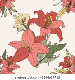 Padrão contínuo com flores de lírio. Textura vetorial criativa com flores botânicas lírio. Padrão floral sem emenda do vetor.