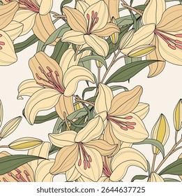 Seamless pattern with lily flowers. Creative vector texture with lily botanical flowers. Vector seamless floral pattern.