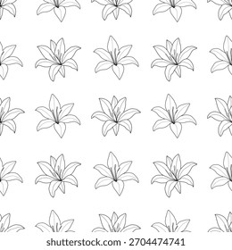 Patrón sin fisuras con flores de lirio. Elegante diseño de arte de línea botánica. Para textiles, envases, Fondos de pantalla y proyectos decorativos modernos.