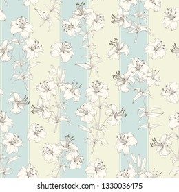 Seamless Pattern of lily flowers. Floral background with blooming lilies isolated on tile background. Seamless pattern with blooming lilies. Vector illustration.