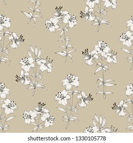 Seamless Pattern of lily flowers. Floral background with blooming lilies isolated on brown background. Seamless pattern with blooming lilies. Vector illustration.