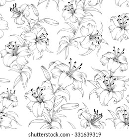 Seamless Pattern of lily flowers. Floral background with blooming lilies isolated on white background. Seamless  pattern with blooming lilies. Vector illustration.