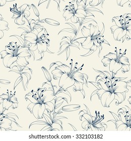 Seamless Pattern of lily flowers. Floral background with blooming lilies isolated on white background. Seamless  pattern with blooming lilies. Vector illustration.