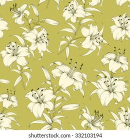 Seamless Pattern of lily flowers. Floral background with blooming lilies isolated on green background. Seamless  pattern with blooming lilies. Vector illustration.