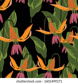 Seamless pattern with lily flowers and leaves. Decorative holiday floral background. Vintage vector illustration.