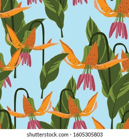 Seamless pattern with lily flowers and leaves. Decorative holiday floral blue orange background. Vintage vector illustration.