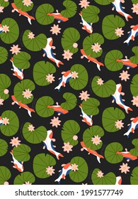 Seamless pattern with lily flowers, leaves and koi carp in pond on dark blue background. Flat vector hand drawn illustration.