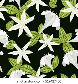 Seamless pattern. Lily flowers and leaves on a green background.