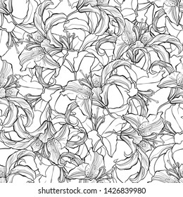 Seamless pattern with lily flowers on white background. Line art.