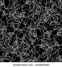 Seamless pattern with lily flowers on  black background. Line art.