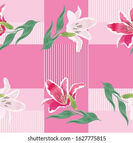 Seamless pattern lily flowers on pink pastel background. Vector illustration.