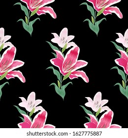 Seamless pattern lily flowers on black background. Vector illustration.