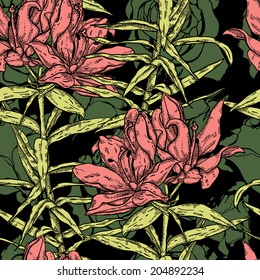 Seamless pattern with lily flowers on black background