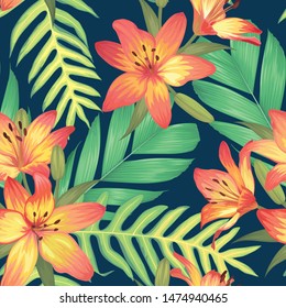 Patrón inoxidable con flores de lirio y fondo de hojas de palma. Conjunto vectorial de jardín tropical exótico para invitación de vacaciones, tarjetas de felicitación y diseño de moda textil.