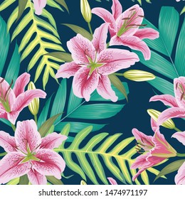 Seamless pattern with lily flowers and palm leaves background. Vector set of exotic tropical garden for holiday invitation, greeting card and textile fashion design.