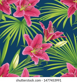 Seamless pattern with lily flowers and palm leaves background. Vector set of exotic tropical garden for holiday invitation, textile fashion design.