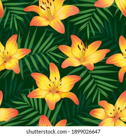 Seamless pattern with lily flowers and palm leaves background. Vector set of exotic tropical garden for holiday invitation, greeting card and textile fashion design.