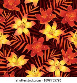 Seamless pattern with lily flowers and palm leaves background. Vector set of exotic tropical garden for holiday invitation, greeting card and textile fashion design.