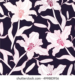 Seamless pattern with lily flowers.Vector colorful print.Vintage textile texture.