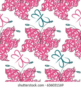 Seamless pattern of lily with pattern of pink brush stroke and butterflies