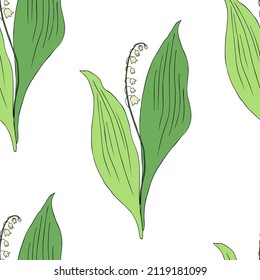 Seamless pattern Lily of the valley, Convallaria flower, colorful muguet isolated on white background, botanical hand drawn vector illustration for design cosmetic, greeting card, wedding invite