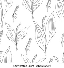 Seamless pattern Lily of the valley, Convallaria flower, line art muguet isolated on white background, botanical hand drawn vector illustration for design cosmetic, greeting card, wedding invite