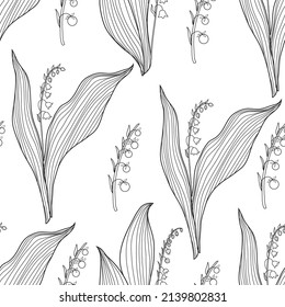 Seamless pattern Lily of the valley, Convallaria flower, line art muguet isolated on white background, botanical hand drawn vector outline illustration for design greeting card, wedding invite