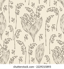 Seamless pattern with lily of the valley: convallaria plant, leaves and lily of the valley flowers. Convallaria majalis. Cosmetic, perfumery and medical plant. Vector hand drawn illustration