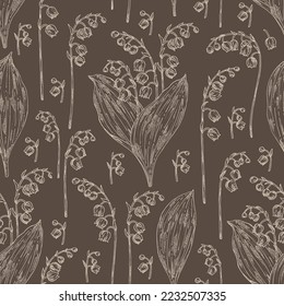 Seamless pattern with lily of the valley: convallaria plant, leaves and lily of the valley flowers. Convallaria majalis. Cosmetic, perfumery and medical plant. Vector hand drawn illustration