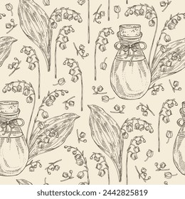 Seamless pattern with lily of the valley: convallaria plant, leaves and lily of the valley flowers and bottle of lily essential oil. Convallaria majalis. Cosmetic, perfumery and medical plant