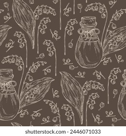 Seamless pattern with lily of the valley: convallaria plant, leaves and lily of the valley flowers and bottle of lily essential oil. Convallaria majalis. Cosmetic, perfumery and medical pla