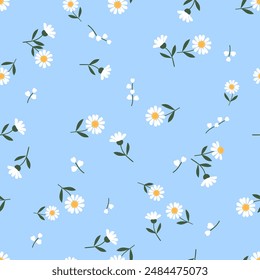 Seamless pattern with lily of the valley and daisy flower on blue background vector. Cute floral print.