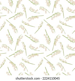 seamless pattern with lily of the valley flowers, vector drawing wild plants at white background, flowering meadow , hand drawn botanical illustration