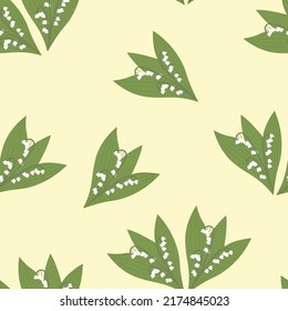 Seamless pattern. Lily of the valley on an isolated background. Vector flat illustration of summer flower.
Springtime floral print for textile, decor, wallpaper.