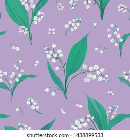 Seamless pattern with lily of the valley and snowdrop flowers, botanical floral textile print, cover design illustration in Vector