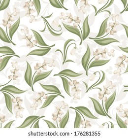 Seamless pattern with lily of the valley and snowdrop flowers. Vector illustration.