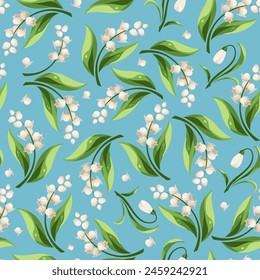 Seamless pattern with lily of the valley and snowdrop flowers on a blue background. Vector floral print. Hand-drawn illustration, not AI