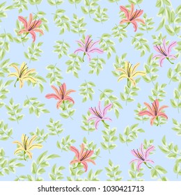 Seamless pattern of lilyand green branch. Vector background.